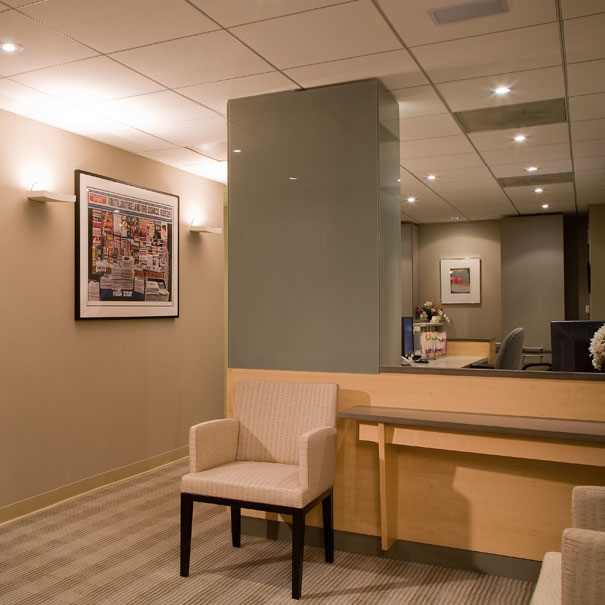 The neutral colors of this waiting room by Studio Santalla provides a contemporary reception to this Washignton, DC dental practice.