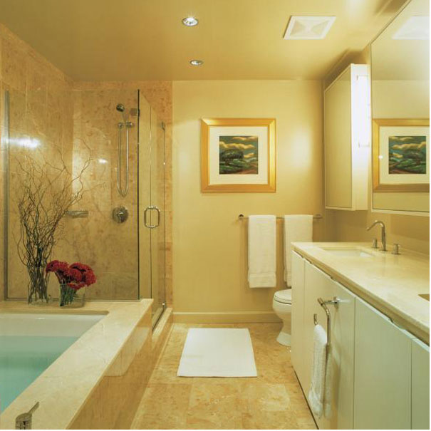 The modern, elegant bathroom of this Potomac, Maryland colonial home by Studio Santalla integrates the tub and shower.