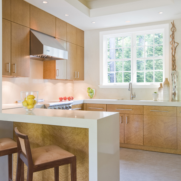 Contemporary kitchen with modern cabinetry and waterfall counters