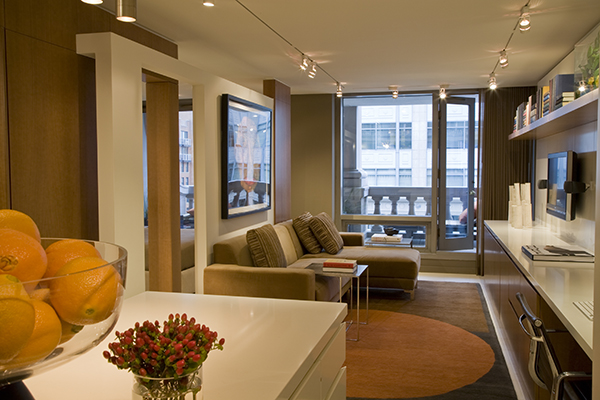 Soft enclosures and multipurpose spaces maximize storage and natural light in this small yet luxurious condo in Washington, DC by architect and interior design firm Studio Santalla