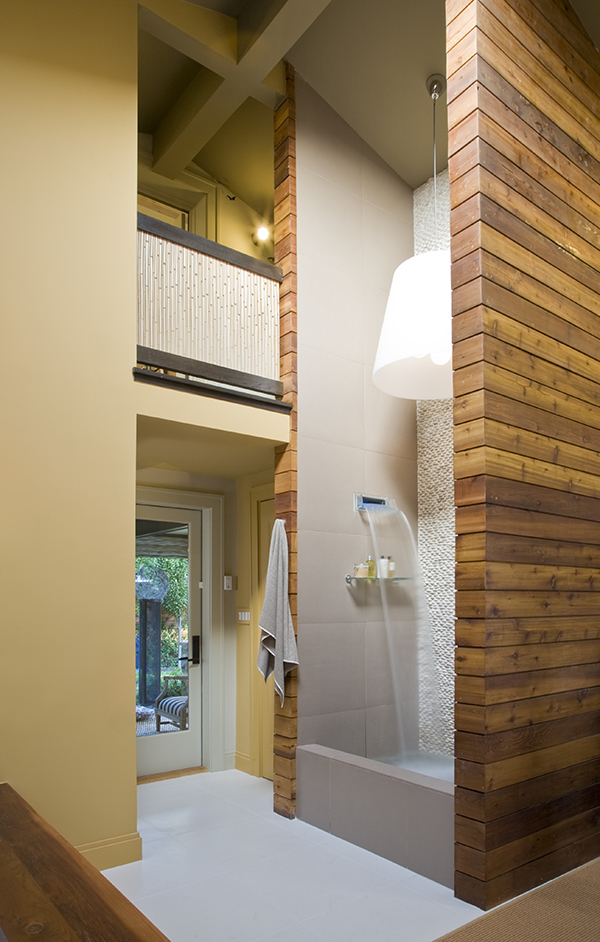 Studio Santalla designed the two story, cedar wrapped shower for this luxurious, sustainable home spa bathroom in Washington, DC