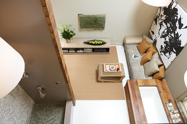 The luxurious, sustainable home spa bathroom designed by Studio Santalla in Washington, DC complies to green building techniques.