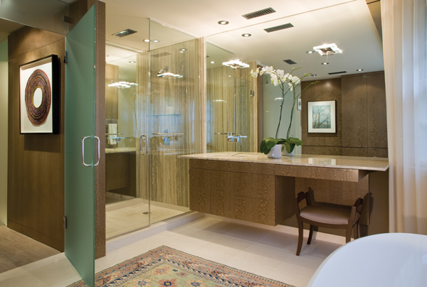 This elegant his and hers (jack and jill) master bathroom, renovated by Georgetown Architect and Interior Design firm, Studio Santalla, won an award from the NKBA. 