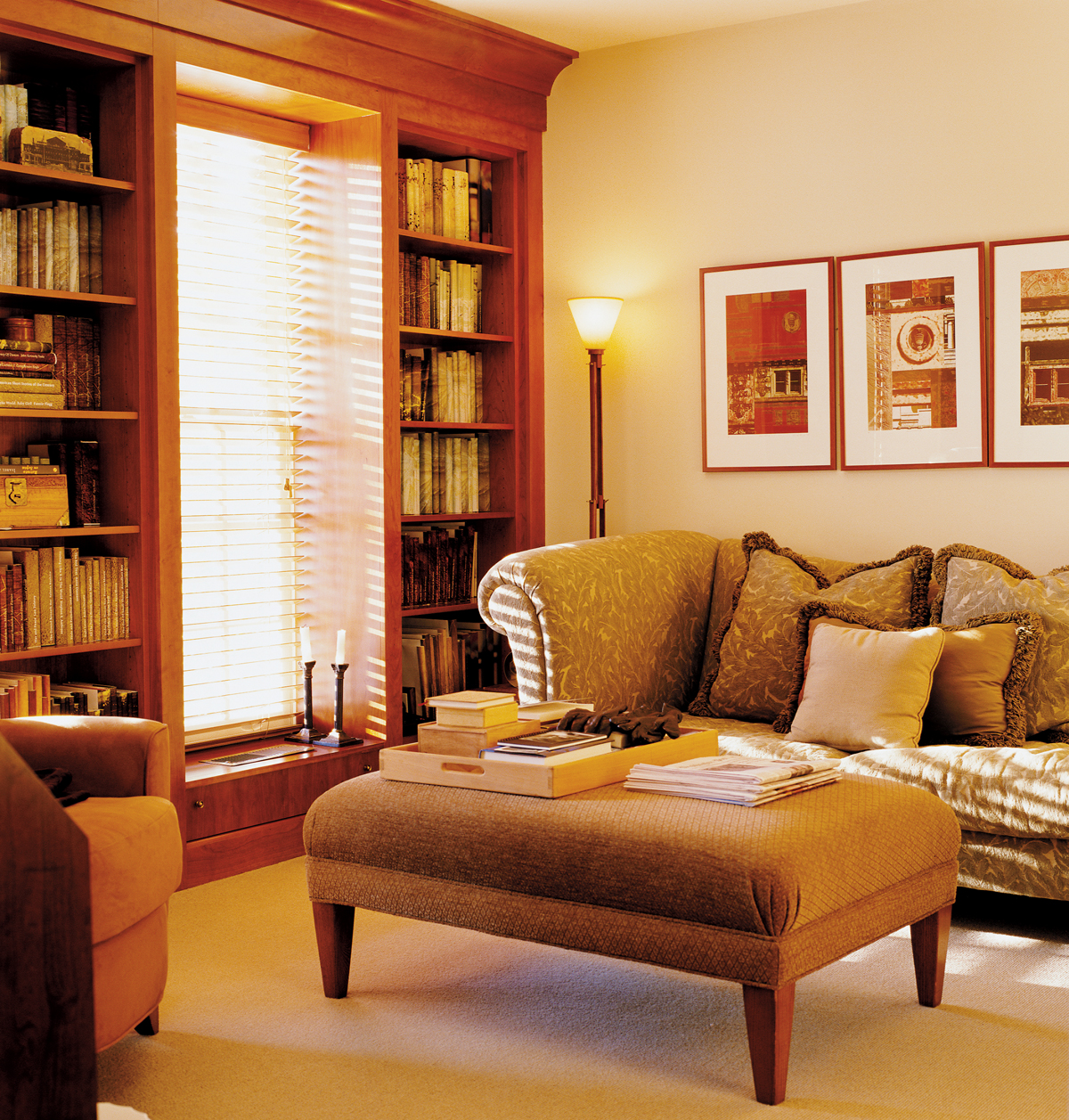 Sophisticated library by Washington, DC architect and interior design firm Studio Santalla features built-in bookcases that frame the window.