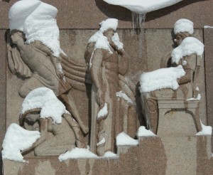 Fourth Impressions IX color photography collage by architect Ernesto Santalla featuring snow-capped monuments in Washington, DC