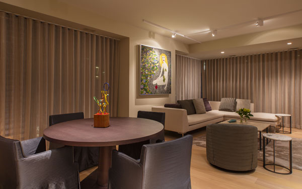 Elegant drapery provides privacy from the City Center plaza below.